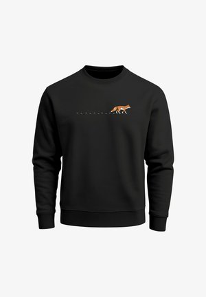 Schwarzes Sweatshirt mit rundem Ausschnitt, das ein oranges Fuchs-Graphic mit einer gepunkteten Linie, die hinter ihm herzieht, zeigt. Glatte Textur und lässiges Design.
