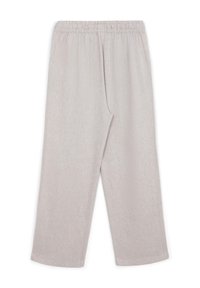 Helle graue weit geschnittene Hose mit elastischem Bund, geradem Schnitt und einfarbigem Muster, flach auf einem weißen Hintergrund präsentiert.