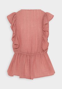 Rosa, strukturerad topp med volangärmar, med vertikala ränder och en utställd fåll. Lättviktsmaterial.