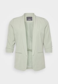 Lichtgroene blazer met een sjawlboord, driekwartmouwen, twee voorkeusjes en een gladde textuur. Open voorkant ontwerp.