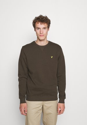 Sweatshirt marron à col rond en tissu polaire, arborant un petit logo jaune sur la poitrine, avec des poignets et un ourlet côtelés, et une coupe classique.