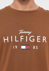 Hnědé tričko s nápisem "Tommy Hilfiger", logem s červeným, bílým a modrým obdélníkem a čísly "19" a "85" tištěnými na přední straně.