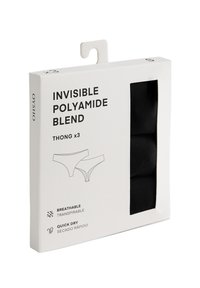 Zwarte polyamide mix slipjes verpakking met drie items. Witte doos met ademende en sneldrogende labels en eenvoudige illustraties van slipjes ontwerp.