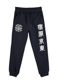 Dunkelblaue Jogginghosen aus einem Baumwollmischgewebe. Sie verfügen über einen elastischen Bund, eine Kordelzug und weißen Drucktext auf beiden Seiten.