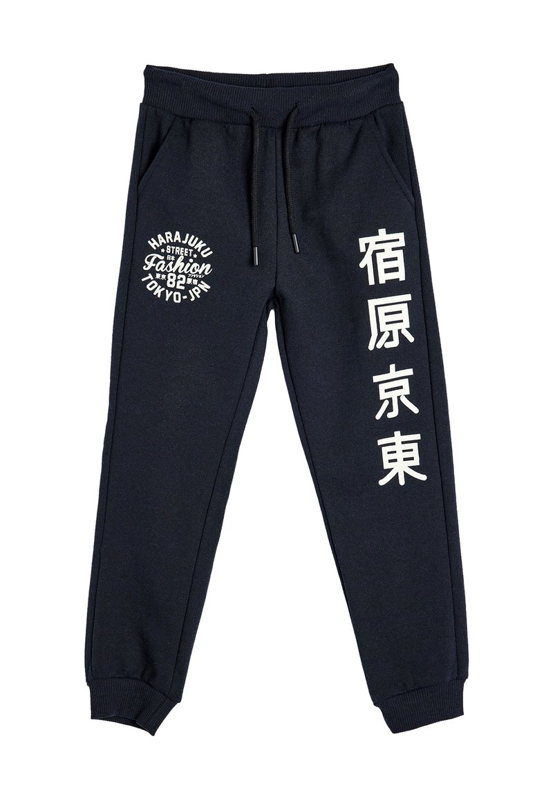 Dunkelblaue Jogginghosen aus einem Baumwollmischgewebe. Sie verfügen über einen elastischen Bund, eine Kordelzug und weißen Drucktext auf beiden Seiten.