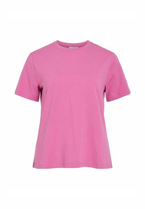 Tricou simplu, cu mâneci scurte și guler rotund, în culoare roz aprins, afișat pe un fundal alb.