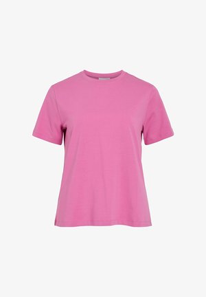 Tricou simplu, cu mâneci scurte și guler rotund, în culoare roz aprins, afișat pe un fundal alb.