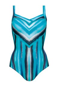 Jednoczęściowy kostium kąpielowy z niebieskim i czarnym wzorem tie-dye, dekoltem w kształcie V i cienkimi, regulowanymi ramiączkami. Gładki, elastyczny materiał z połyskiem.