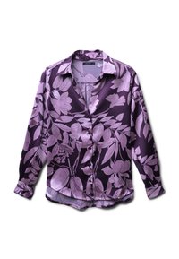 Chemise en satin violet avec un motif floral en rose clair, à manches longues, col replié et fermeture à boutons sur le devant.
