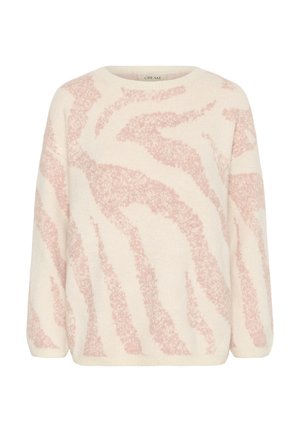 Creme farvet sweater med pink abstrakt mønster, rund halsudskæring, lange ærmer og ribbede manchetter. Blød tekstur, afslappet pasform, let materiale.