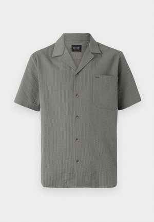 Short-sleeve, gray shirt made of textured fabric, featuring a pointed collar, chest pocket, and dark buttons down the front.