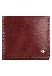 Brown leather wallet with a smooth texture, featuring stitched edges and a silver logo accent. Compact, bi-fold design with a solid color.