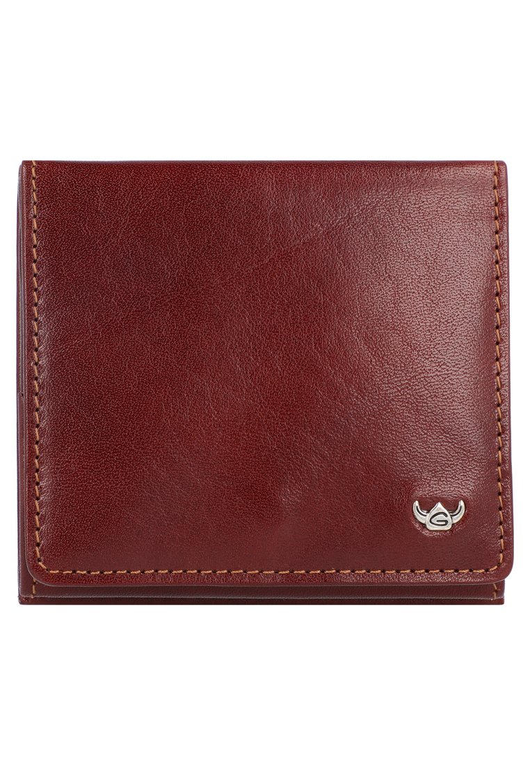 Brown leather wallet with a smooth texture, featuring stitched edges and a silver logo accent. Compact, bi-fold design with a solid color.