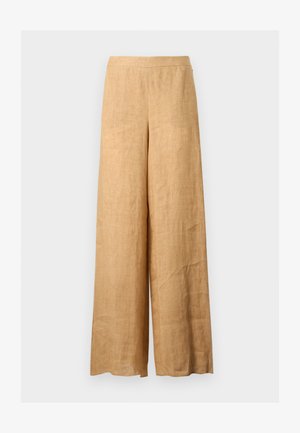 Pantalon large en lin beige à taille haute sans fermetures visibles, présenté sur un fond clair uni.