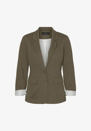 Olivengrøn blazer med spids revers, to frontlommer og opkrøllede ærmer med et stribet mønster. Blødt stof med en skræddersyet pasform.