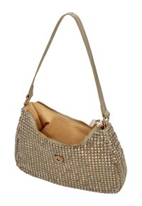 Borsa dorata con esterno testurizzato impreziosito da strass e interno liscio beige. Presenta una singola tracolla e chiusura a zip.