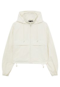 Kevyt, lyhyt takki off-white -sävyssä. Siinä on huppu, etuvetoketju, joustavat hihansuut ja säädettävä helma kiristysnauhoilla.