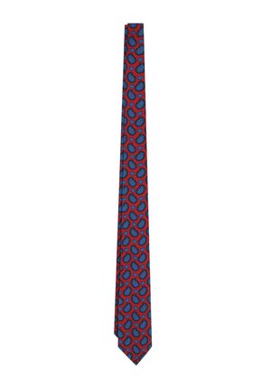 Corbata roja con patrón de paisley ovalado azul. Textura de tela suave, forma estrecha con un extremo puntiagudo. Adecuada para ocasiones formales.
