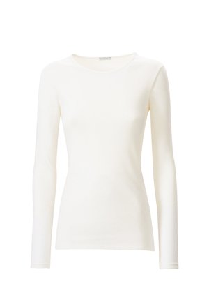 Maglietta a maniche lunghe con collo a giro in morbido tessuto bianco; design aderente con superficie liscia e cuciture minime, adatta per essere indossata a strati o da sola.