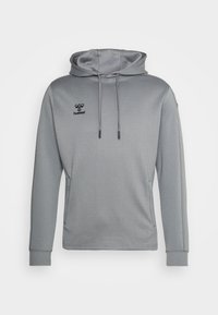 Grijze hoodie met lange mouwen, trekkoorden, zijzakken, geribde boorden en klein zwart "hummel"-logo op de linkerborst.