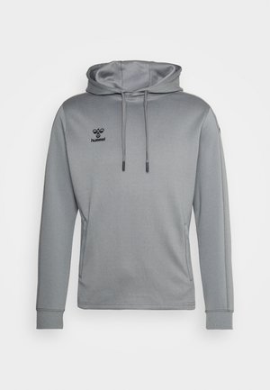 Grijze hoodie van zachte stof, voorzien van een trekkoordcapuchon, kangoeroezak en zwart logo op de borst. Lange mouwen met boorden.