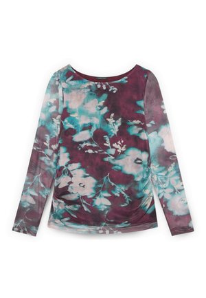 Chemise à manches longues et col rond avec un motif floral violet, turquoise et blanc sur un tissu transparent.