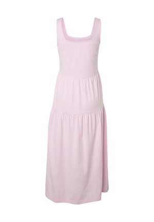 Rochie midi roz deschis fără mâneci, cu decolteu pătrat lat și volane adunate care creează o siluetă fluidă.