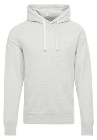 Light grey hoodie made of soft fabric. Features a front pouch pocket, drawstring hood, and ribbed cuffs with a relaxed fit.