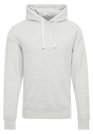 Light grey hoodie made of soft fabric. Features a front pouch pocket, drawstring hood, and ribbed cuffs with a relaxed fit.