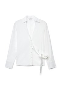 Weißes Hemd mit Knopfleiste, klassischem Kragen, langen Ärmeln und einer Schleifendetail an der Seite, aus einem glatten Stoff gefertigt.