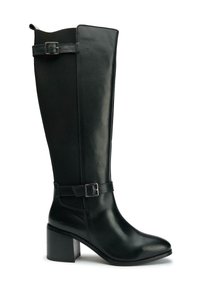 Black knee-high boot made of leather and textile, featuring a block heel, a rounded toe, and a buckle accent on the ankle strap.