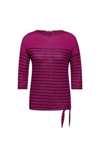 Magentanauhatte, jossa on kolmen neljänneksen hihat, tumman violetit raidat ja sivusolmuysitys. Kevyt, pehmeä kangas.