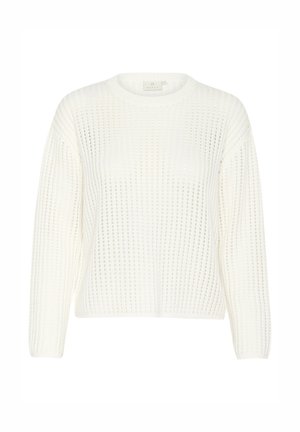 Baltas megztinis su tekstūrine rašte, apvaliu iškirpimu ir ilgomis rankovėmis, pasižymintis laisvos formos dizainu.