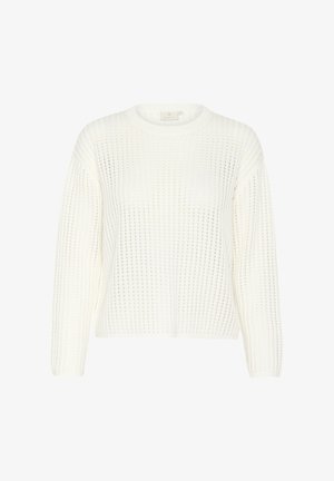 Pull en maille blanche avec un motif texturé, doté d'un col rond et de manches longues, présentant une coupe ample.