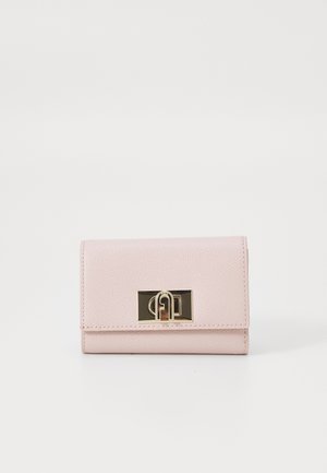 Pink leather wallet with a textured surface, featuring a rectangular gold-tone clasp with an embossed logo on the front.