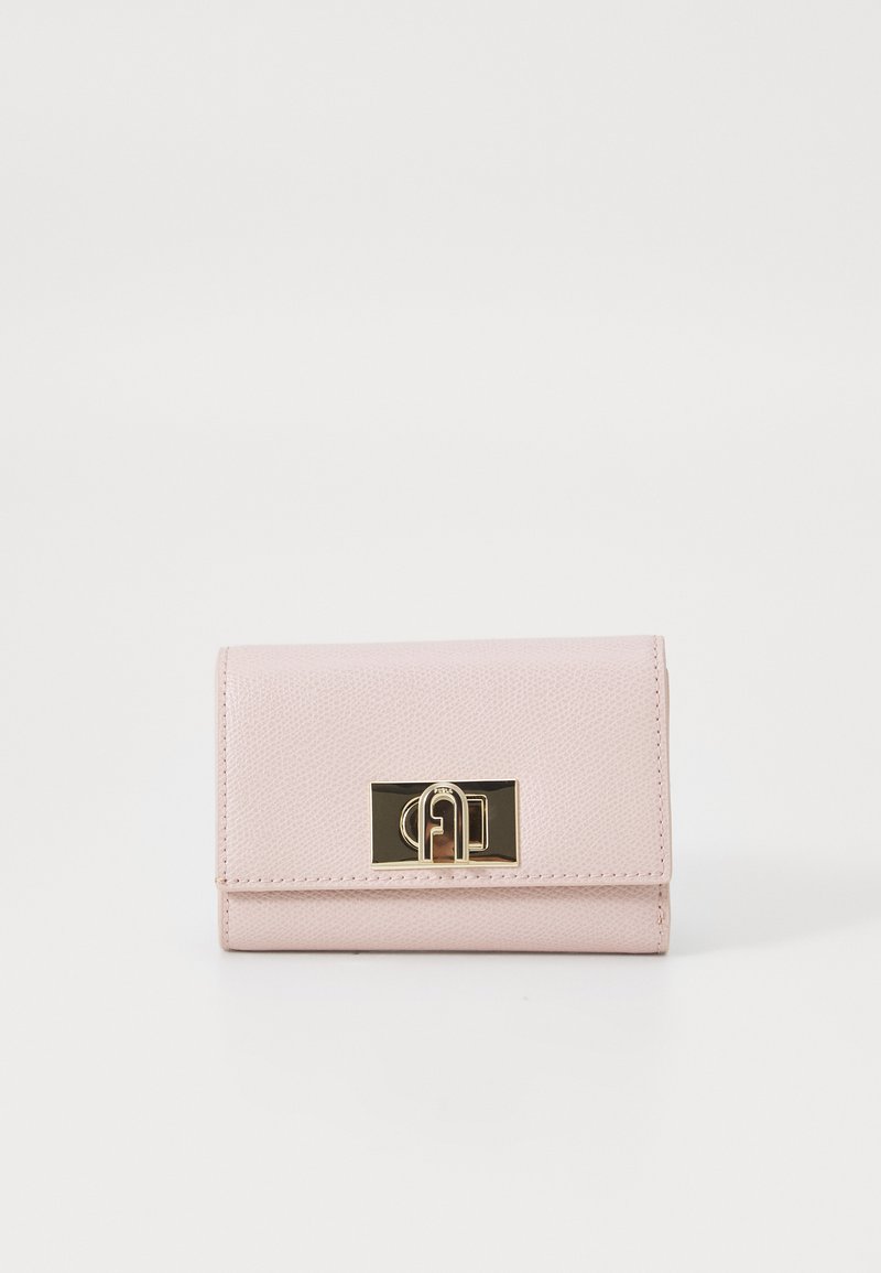 Pink leather wallet with a textured surface, featuring a rectangular gold-tone clasp with an embossed logo on the front.