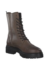 Stivale alla caviglia in pelle marrone con punta arrotondata, suola nera piatta, lace-up anteriore e dettaglio con zip laterale per un facile accesso.