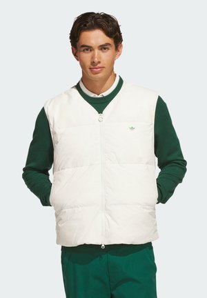 Young man wearing a white sleeveless padded vest over a green sweater and green pants, standing with hands in vest pockets.