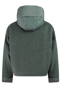 Dark green fleece jacket with padded hood and cuffs, shown from the back, featuring a horizontal seam across the upper back.