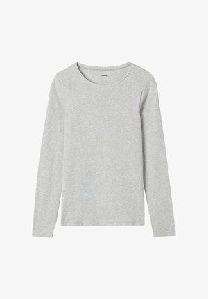 Graues Langarmhemd aus leichtem Baumwollmix mit Rundhalsausschnitt und schlichter Textur ohne Muster oder Akzente.