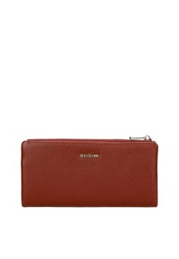 Portafoglio zip in pelle rossa con superficie texturizzata e logo argentato. Caratterizzato da una forma rettangolare e chiusura a zip senza cuciture.