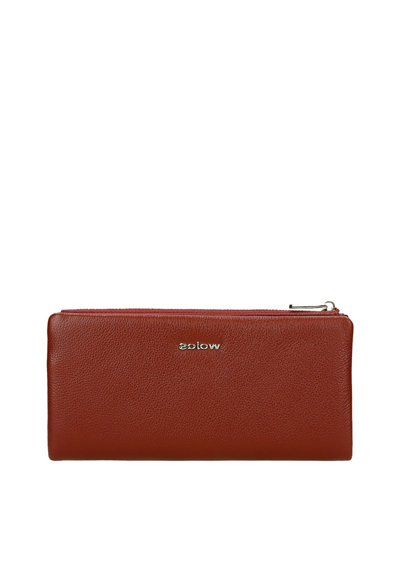Portafoglio zip in pelle rossa con superficie texturizzata e logo argentato. Caratterizzato da una forma rettangolare e chiusura a zip senza cuciture.