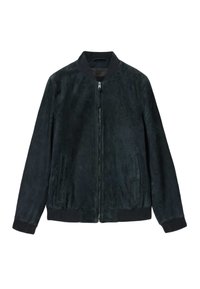 Giacca bomber in camoscio nero con cerniera frontale, collo, polsini e orlo a costine e due tasche a filetto ai lati.