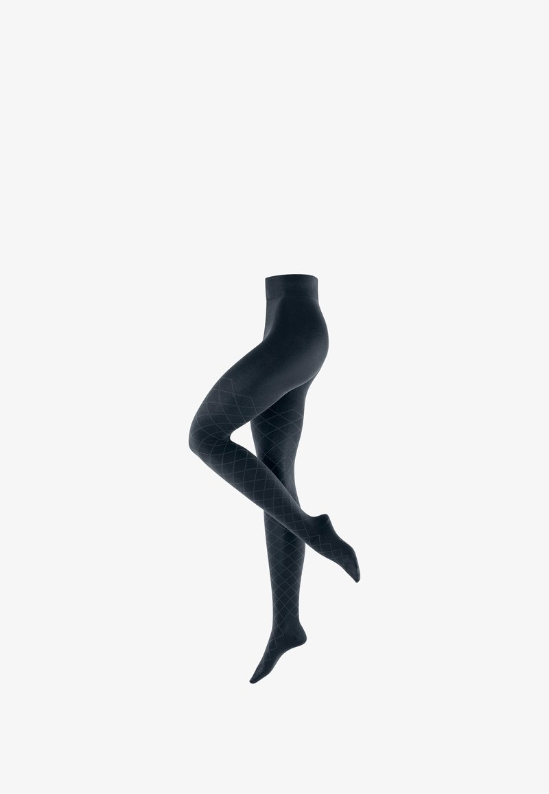 Collant neri con motivo a diamante, texture morbida e vita alta. Perfetti per essere indossati a strati o come indumento singolo.