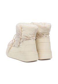 Bocanci bej până la gleznă, cu căptușeală pufoasă din blană în partea superioară, talpă din cauciuc plat și șireturi. Material exterior neted cu accente texturate.
