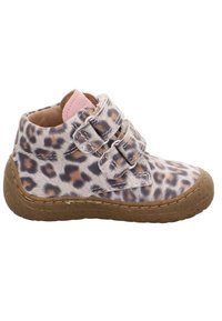 Leopardenmuster Kleinkind Stiefel mit zwei verstellbaren Riemen, brauner Gummisohle, weichem hellrosa Futter und glatter Textur. Rundzehendesign.