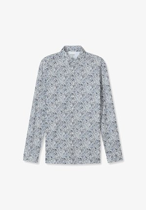 Langärmliges Hemd zum Knöpfen mit einem kleinen blauen und grauen Blumenmuster, weit ausgestelltem Kragen und schlanker Passform.