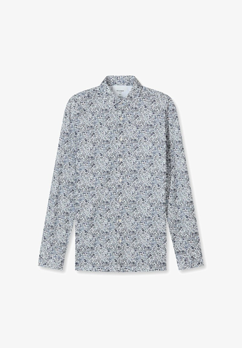 Langärmliges Hemd zum Knöpfen mit einem kleinen blauen und grauen Blumenmuster, weit ausgestelltem Kragen und schlanker Passform.