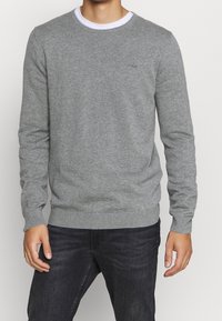 Grauer Pullover mit Rundhalsausschnitt, gerippten Bündchen und Saum. Aus weichem Material gefertigt. Auffälliges Logo-Detail auf der Brust. Kombiniert mit dunklen Jeans.