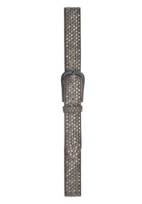 Cinturón de cuero gris con tachuelas de metal, que presenta una hebilla rectangular y un lazo para la correa a juego. Textura suave con un patrón de tachuelas uniforme.